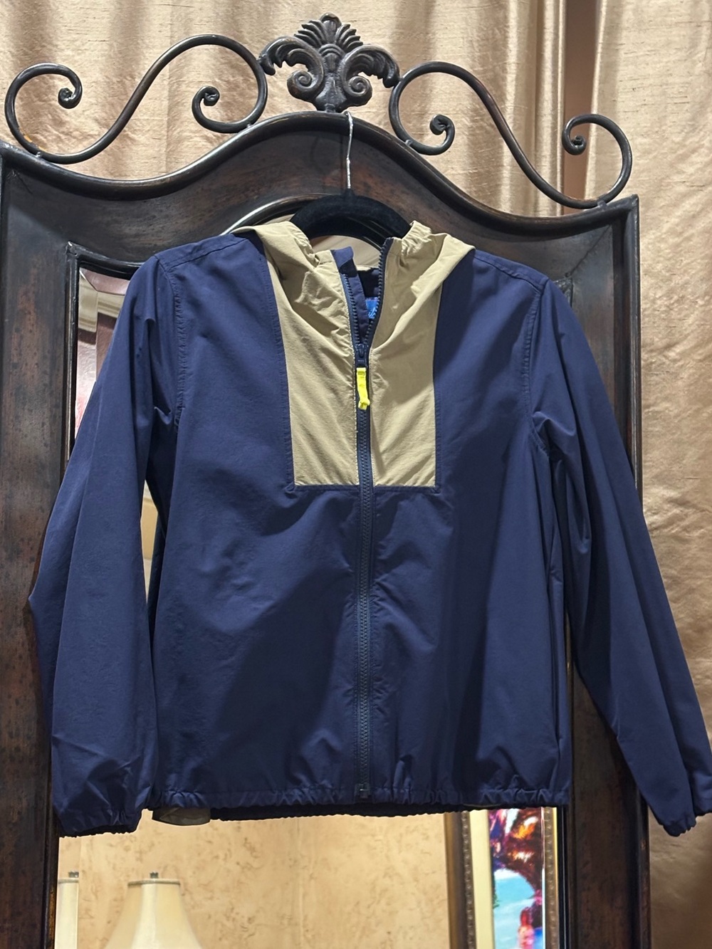 Boys Hooded Raincoat in Navy with Khaki Chest Panel